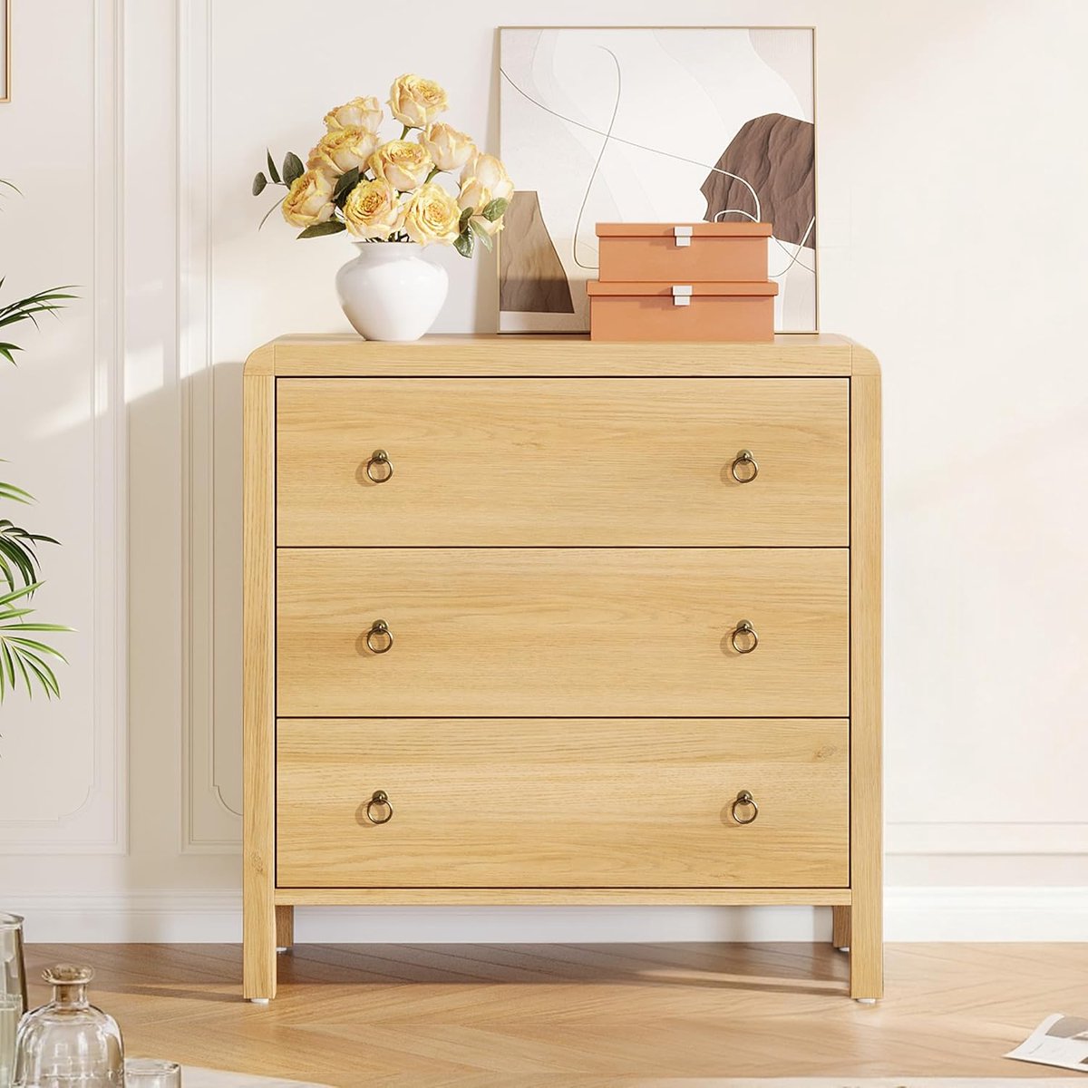 Moderne ladekast - Ladekast van natuurlijk rotan met 3 lades - Grote opbergruimte - Metalen ringgrepen - Afgeronde hoeken - - Slaapkamer, woonkamer, hal, babykamer - 77×76×40 cm - Houtkleur