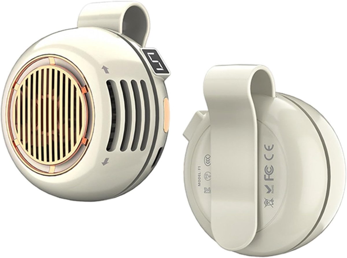 Draagbare, stille mini-ventilator zonder bladen met clip, verbeterd model met 5 snelheden, digitaal led-display, 360° draaibaar, oplaadbaar via USB – voor buiten, op reis en op kantoor (wit)