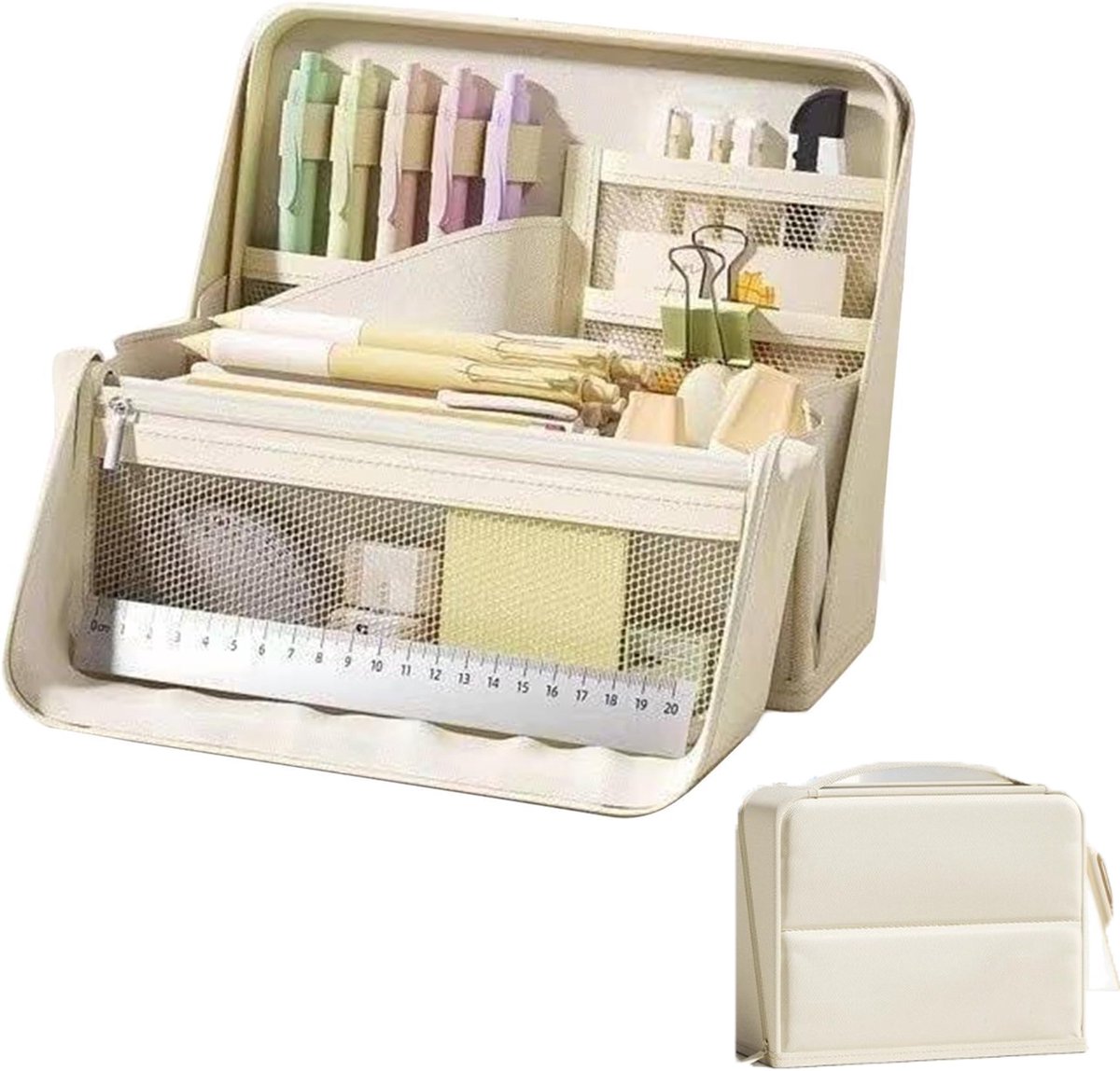 KZQ Multifunctionele stationery etui met grote capaciteit - Gelaagde organizer met meerdere vakken - Potloodtas voor student en kantoor - Wit