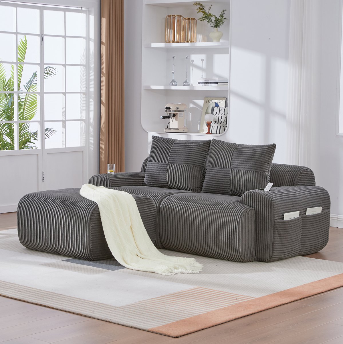 FloraGrace Modulaire Bank Set – 2-Zits Met Hocker, Cuphouder En Zijvak – Vrij Combineerbaar Voor Woonkamer Of Familiekamer – Corduroy – Donkergrijs