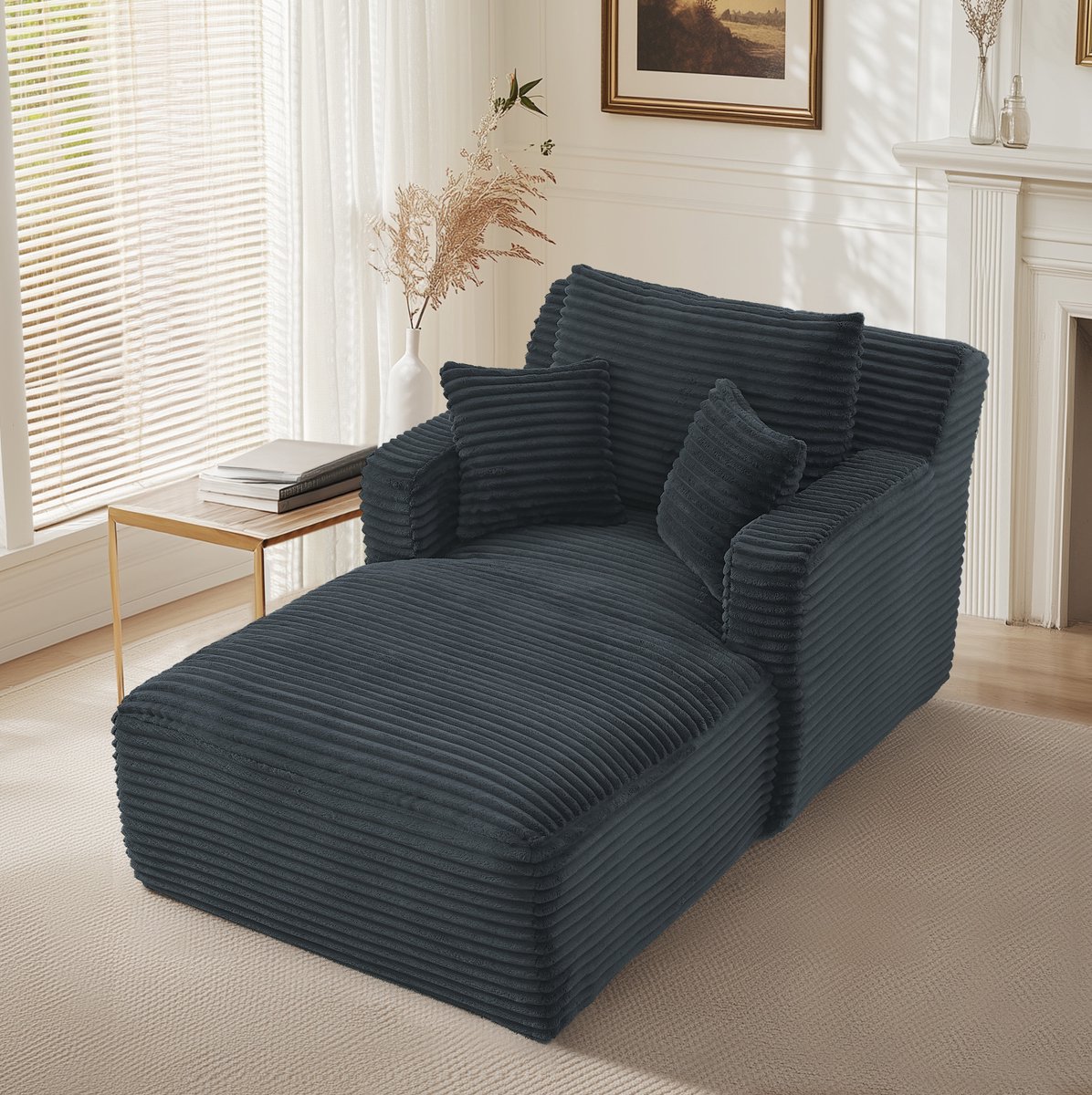 FloraGrace Chaise Longue - 1-Zits Relaxstoel En Slaapsofa Zonder Montage - Comfortabele Ribstof - Woonkamer Of Appartement - Donkergrijs