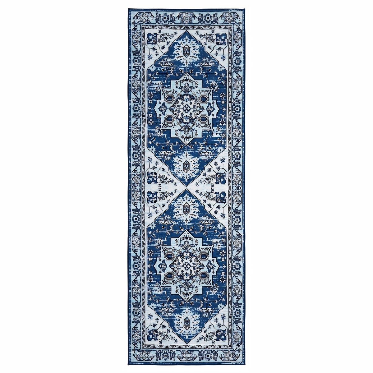 Vintage Deurmat 60x230cm - Laagpolig, Machinewasbaar en Antislip - voor hal en slaapkamer - Blauw Polyester - Blauw 80 x 150 cm