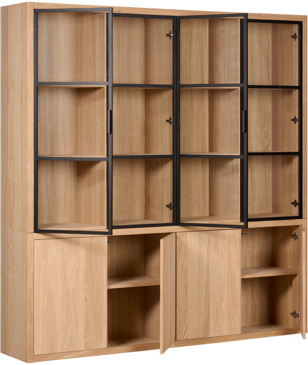 Vitrinekast Chester XL - Eikenlook & Zwart - Glazen Deuren - Greeploos