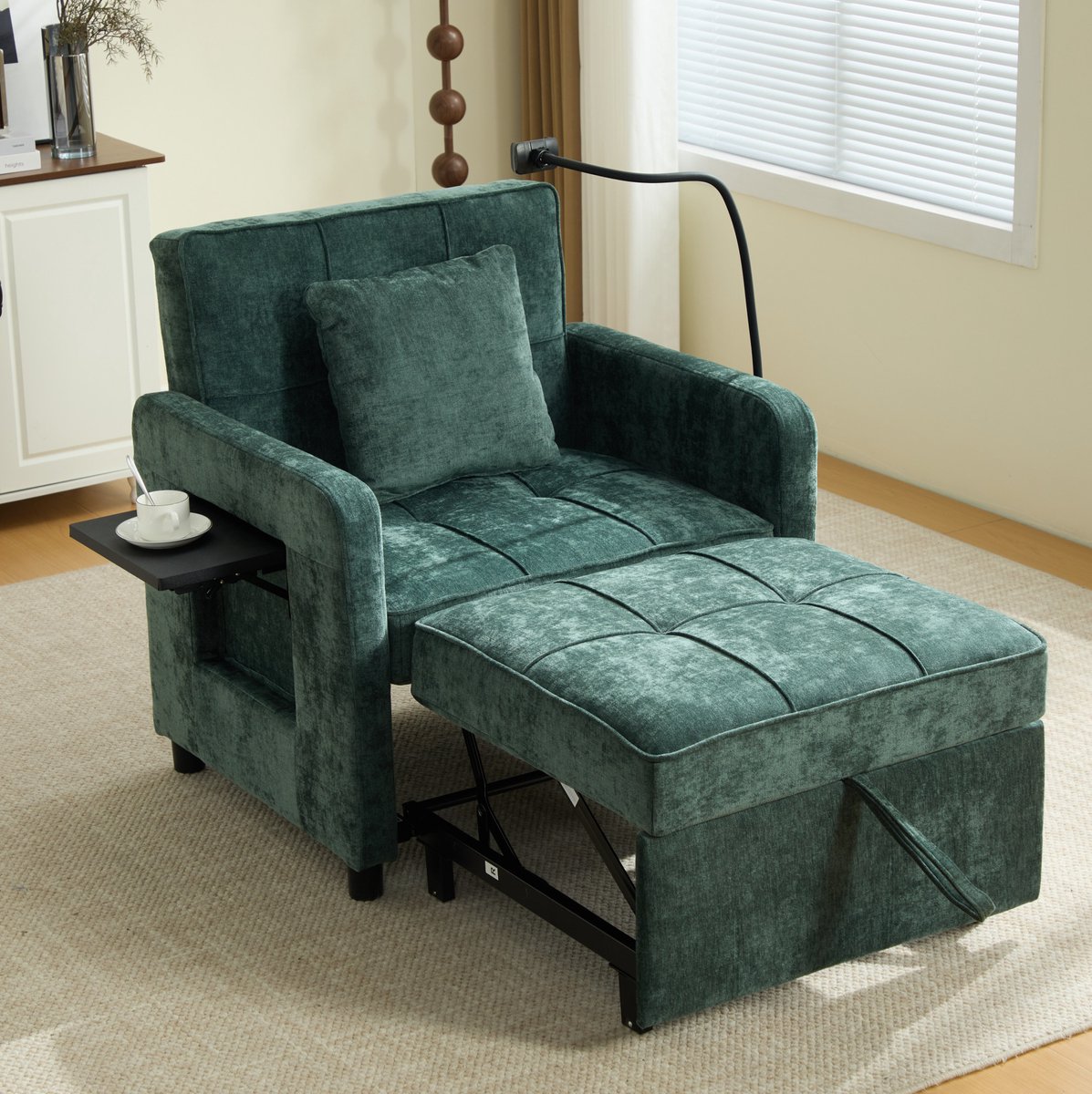 FloraGrace Fauteuil – 167 x 79 x 83 cm – 2-in-1 Slaapfauteuil Met 5-Standen Rugleuning, Opbergruimte En Tafeltje – Chenille – Groen