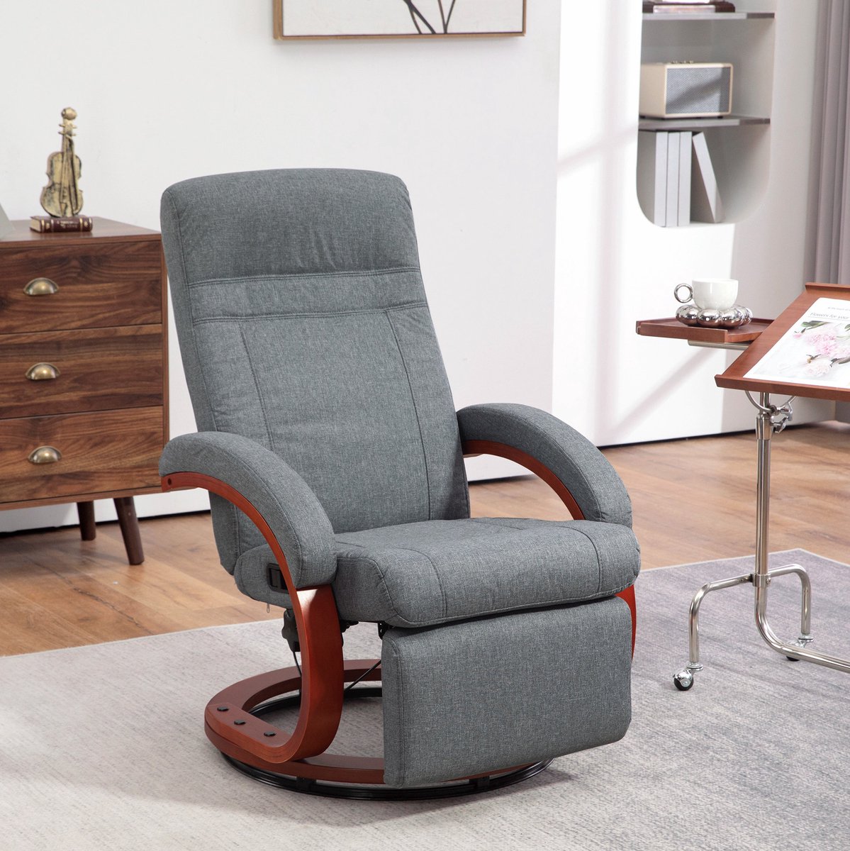 MEUNIQ Relaxfauteuil draaibaar met verstelbare rugleuning en voetensteun, 68 x 86 x 100 cm, stof, houten basis, tv-fauteuil voor woonkamer, grijs