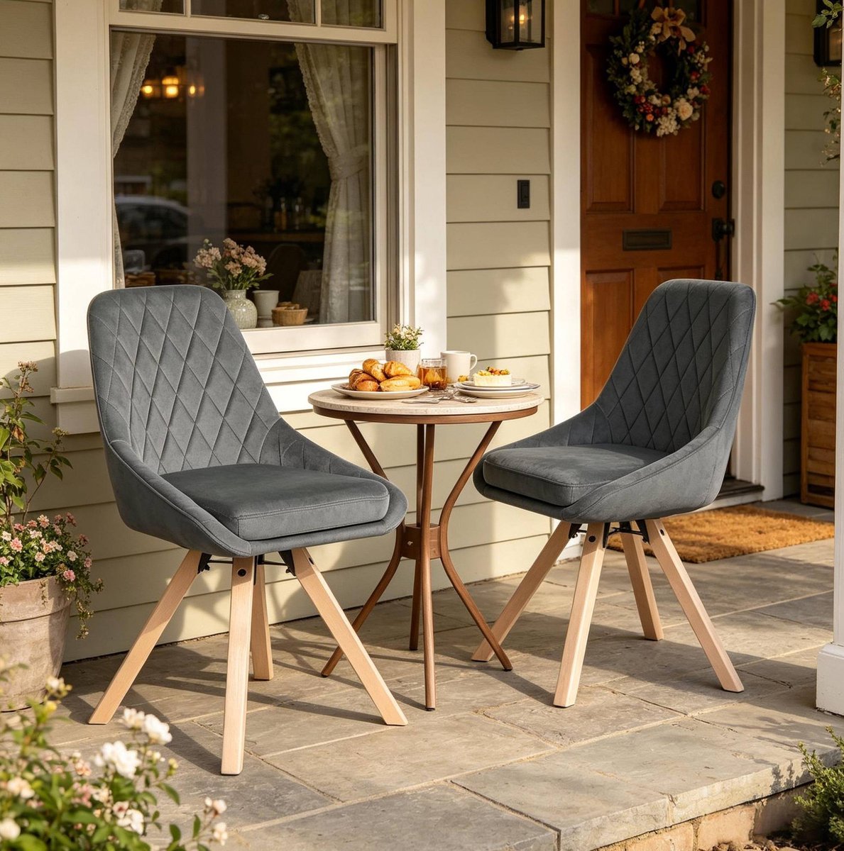 MIVRAY Eetkamerstoel - Kuipstoel 52 x 41 x 84 cm - 360 Graden Draaibaar - Set van 2 voor Eetkamer en Woonkamer - Hout Donkergrijs