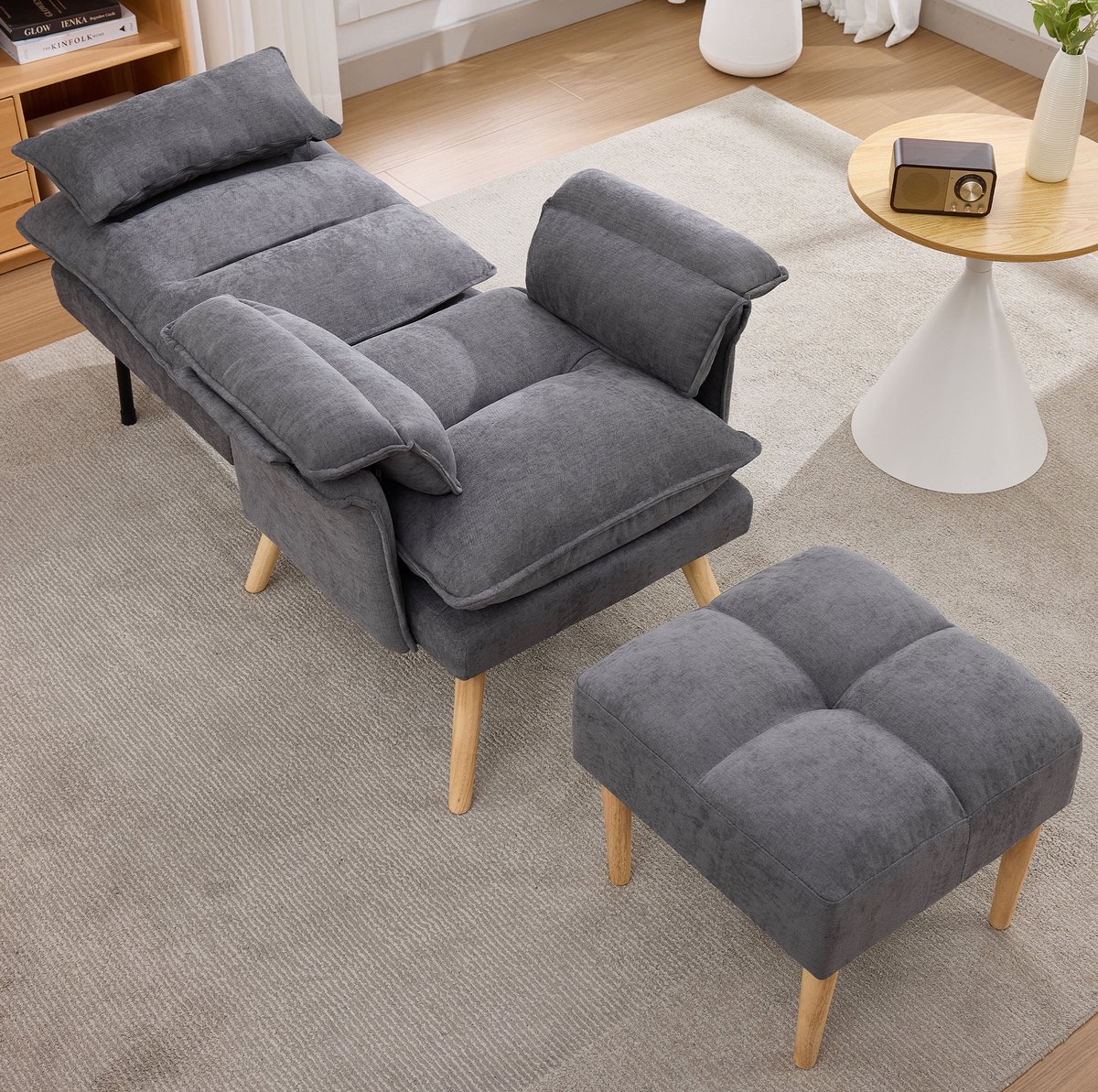 MIVRAY Relaxfauteuil 85 x 78,5 x 112 cm - 5-Standen Verstelbare Rugleuning Met Hocker - Voor Lezen En Tv Kijken - Linnen Grijs
