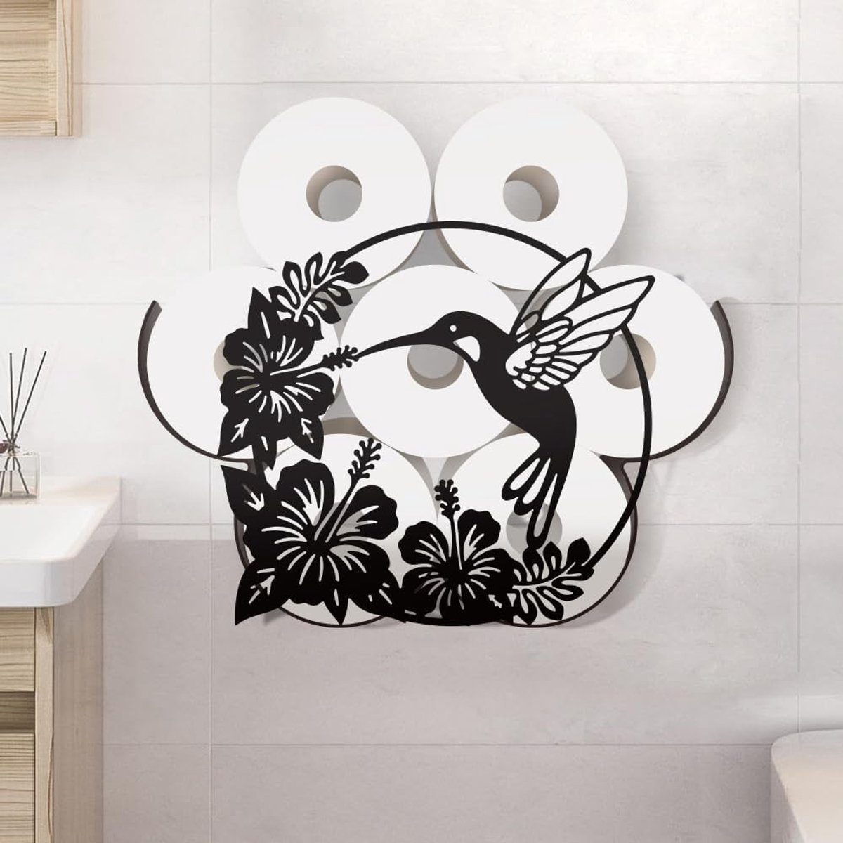 Decoratieve Metalen Toiletpapierhouder met Kolibrie en Bloemen, Vrijstaand en Wandgemonteerd voor 8 Extra Rollen, Grappige Badkamer Organizer