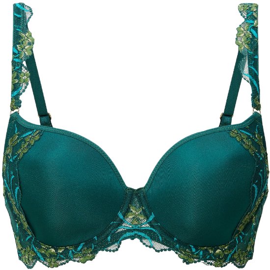 Smaragdgroene beha met gladde cups en fijn groen en blauw bloemenkant langs de bandjes en onderrand.