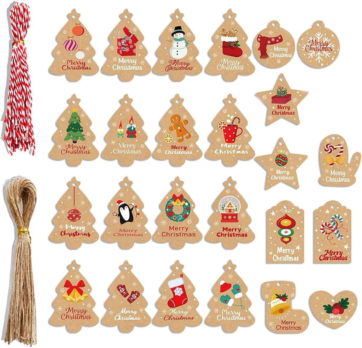 25m Rood Groene Bakkerstouw van Natuurlijke Jute, 2mm Stevig Touw met 100 Stuks Cadeautags en Kraft Papieren Labels voor DIY Cadeaus en Verpakkingen