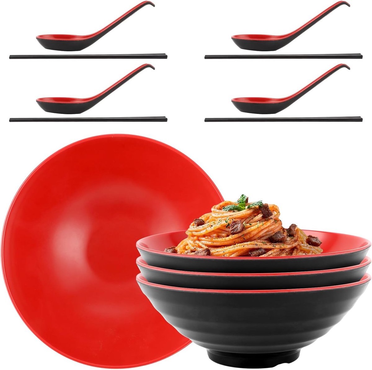 Set van 4 Ramenkommen van Melamine, 1000 ml, 21 x 8 cm, inclusief Lepel en Eetstokjes voor Soepen, Noodles en Salades (Zwart Rood)