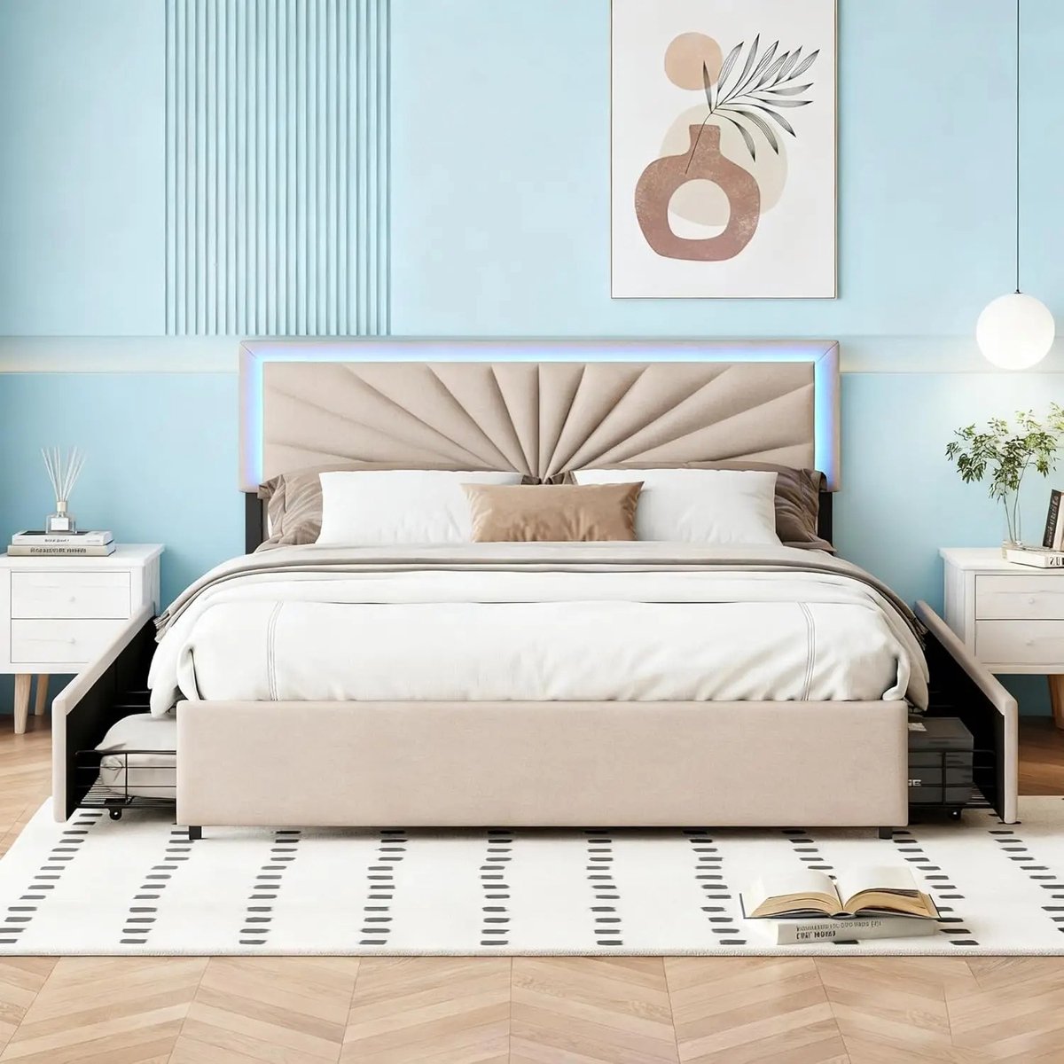 Dailygoods Modern bed 140/160x200cm met LED-verlichting, 4 laden, tweepersoonsbed met in hoogte verstelbaar hoofdeinde,