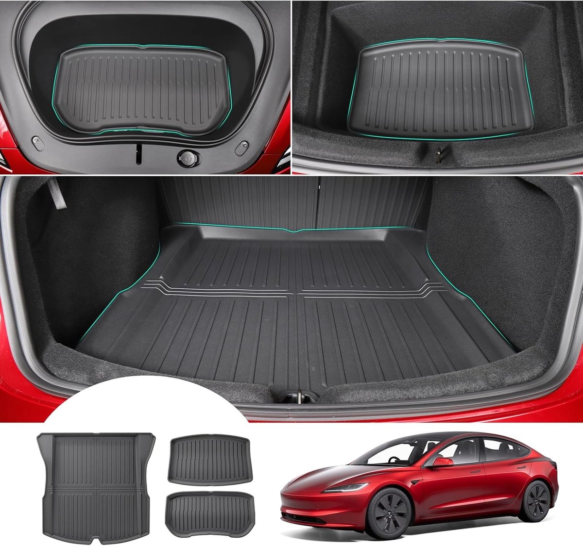 3-delige Achterbakmat voor Tesla Model 3 Highland 2024, TPE All-Weather, Hoogrand, 3D Scanning, Vouwbaar en Multifunctioneel