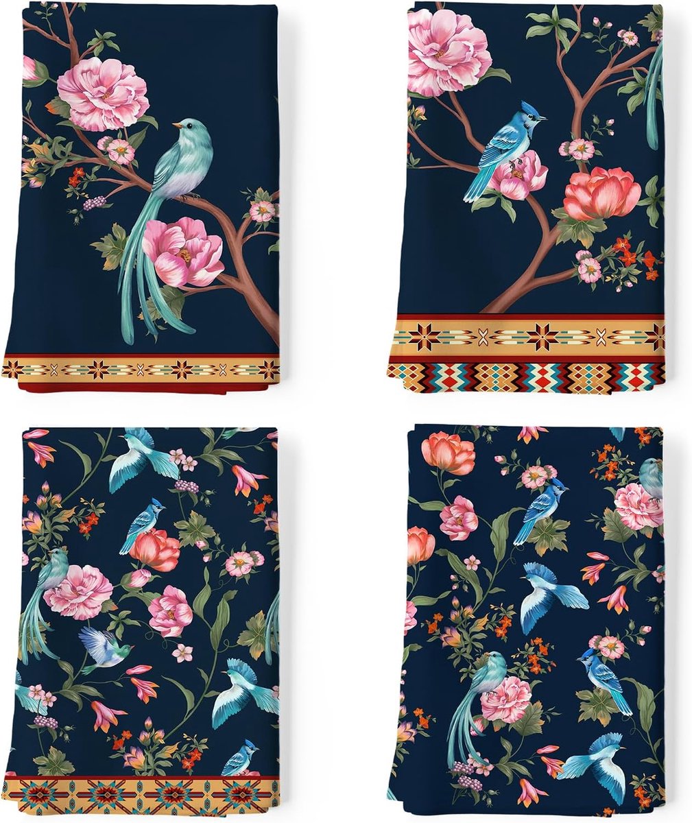 Thijox - Retro Vogel Bloemen Theedoeken - Katoenen Keukenhanddoek 48x70 cm - Sneldrogende Vaatdoeken voor Feest, Jubileum, Vakantie, Decoratie, Housew