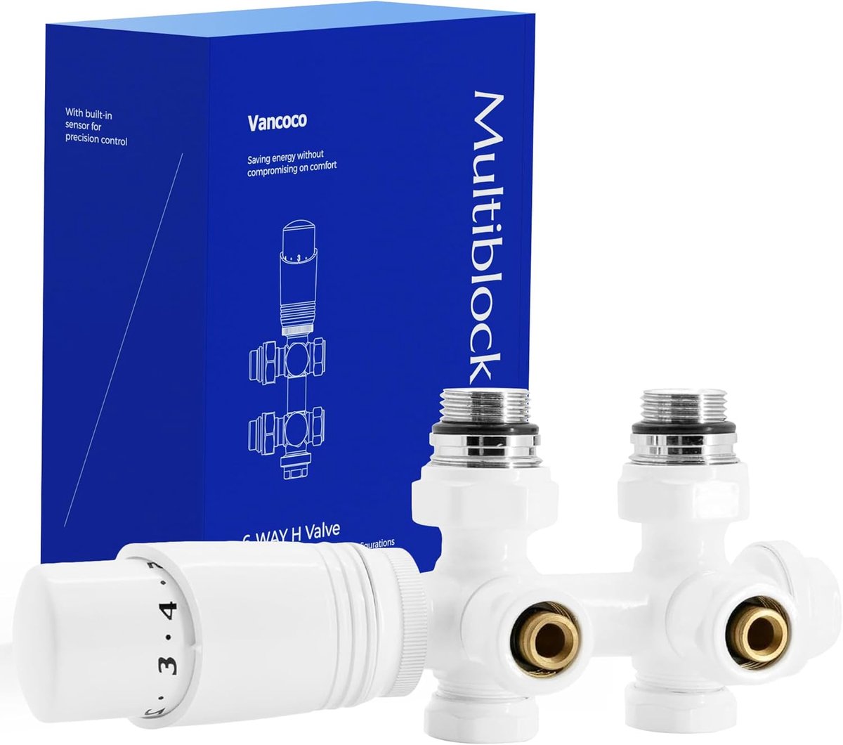 Thijox - Multiblock met thermostaat voor radiatoren 50mm, klepverdeelstuk, ventilatie-armaturen set voor Ø16×2 mm kunststof- en Ø15mm koperen buizen,