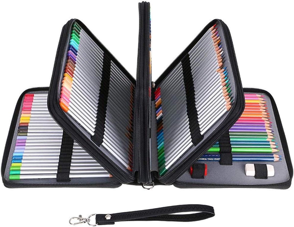 Grote Multilayer Kleurpotlood Etui met 200 Inzetstukken - Ruime Opbergoplossing voor Studenten en Kantoorbenodigdheden, Zwart, Modern Design