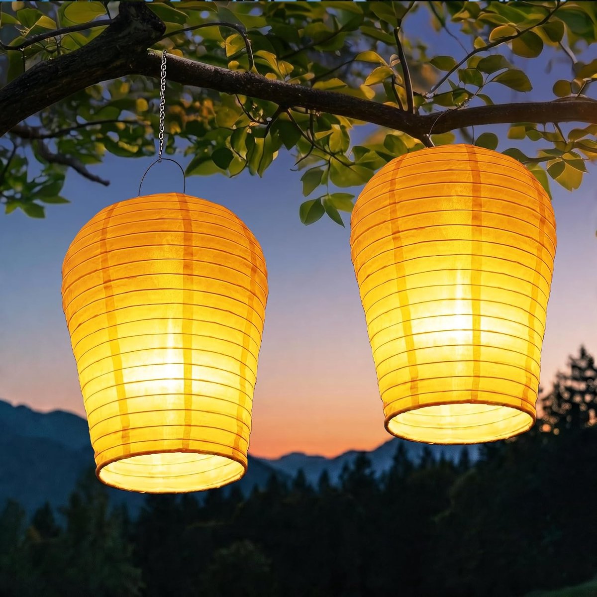 Thijox - Zonne-energie Lantaarns voor Buiten, 2 Stuks 30 cm Weerbestendig Nylon Hangende Tuinlantaarn met Realistisch Vlameffect voor Feest, Tuin en B