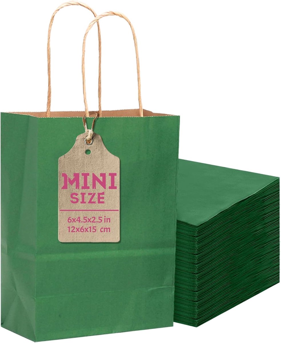 Thijox - 24 Diepgroene Mini-Cadeauzakjes met Handvatten 12x6x15cm | Papieren Kraft Feestzakjes voor Verjaardagen, Feesten en Cadeaus