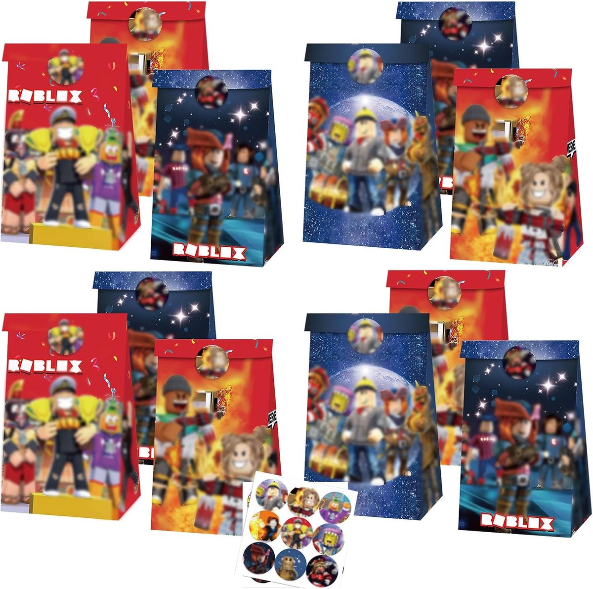 Thijox - 12 Stuks Roblx Cadeauzakjes met Stickers - Papieren Goodiebags voor Feest, Verjaardag, Snoepzakjes met Cartoon Motieven, Kraftpapier, Perfect