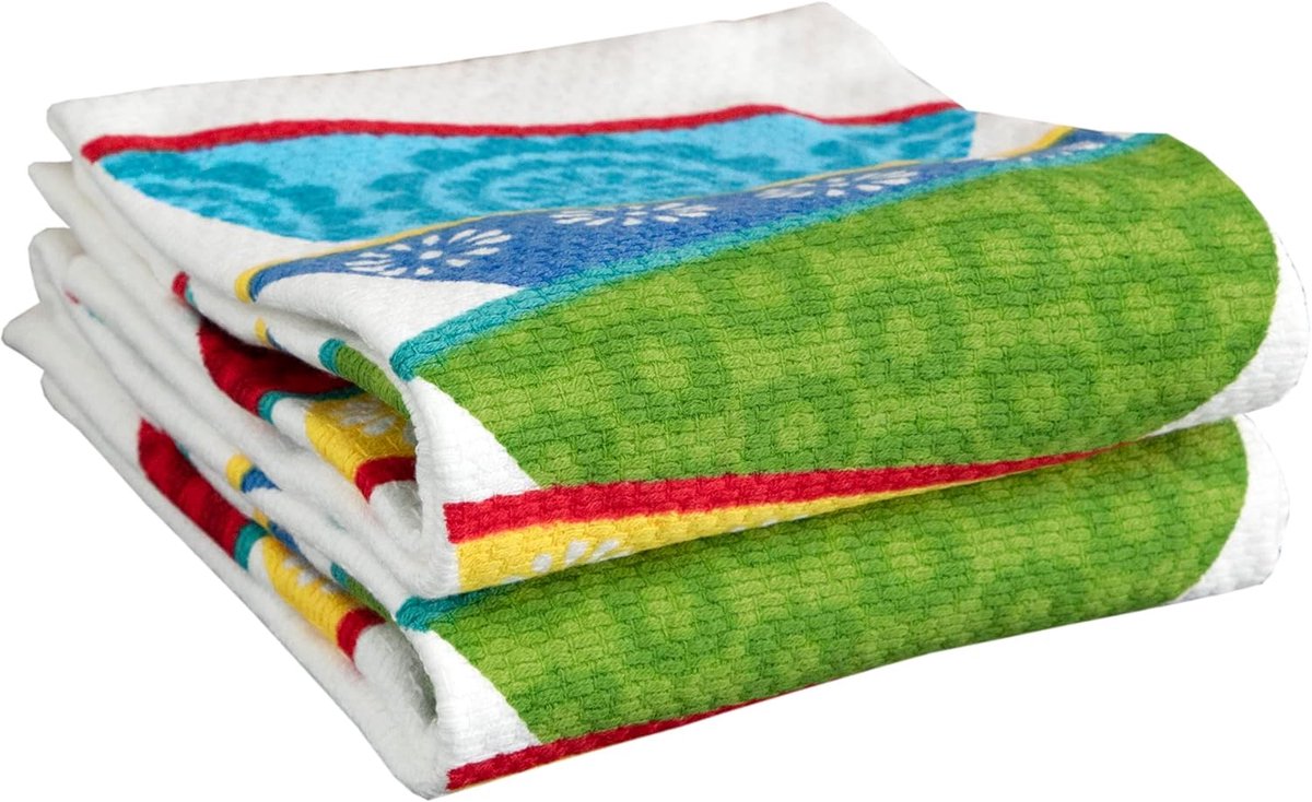Thijox - Dubbelzijdige Katoenen Keuken Theedoek Set 2-pack, 16" x 26", Pluizenvrije Schotel Stapel Print, Ideaal voor Keuken en Huishouden