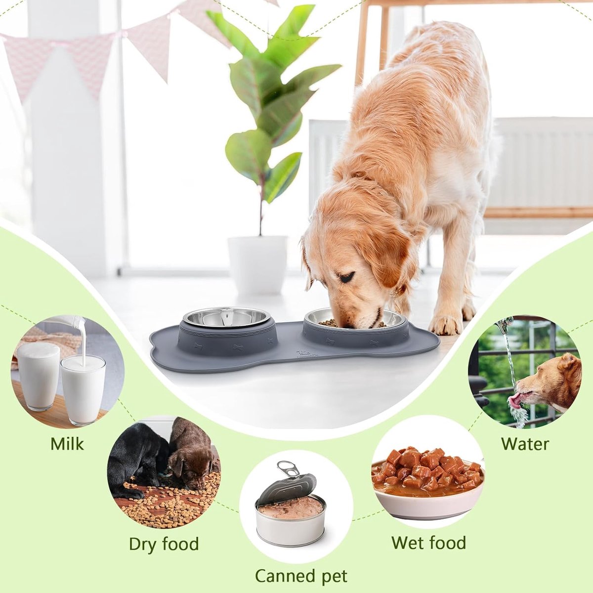 Thijox - Antislip Hondenkommen Set - Roestvrijstalen Dubbele Kommen voor Middelgrote Honden - 26oz Elke Kom - Inclusief Anti-lek Siliconen Mattenbakje