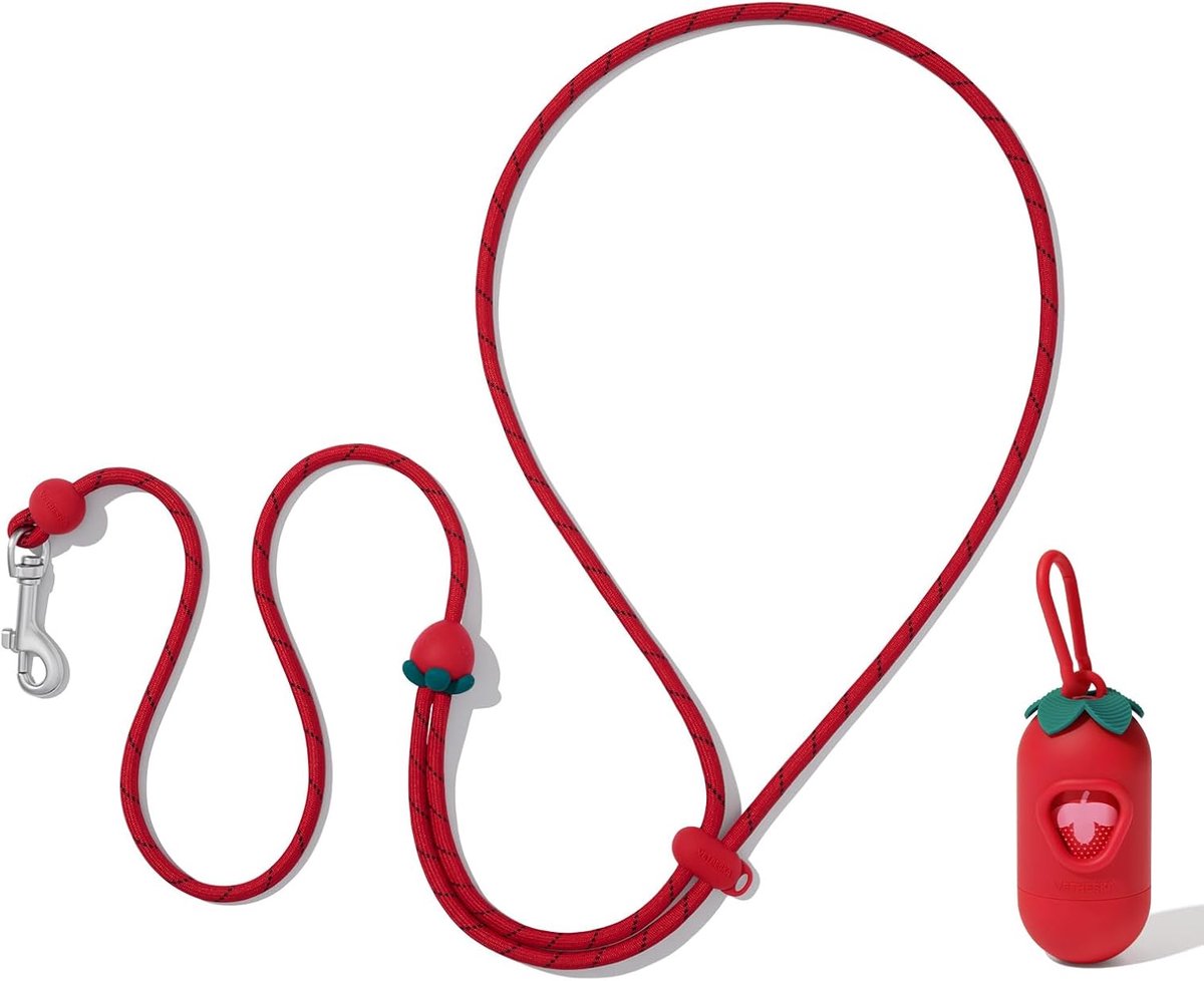 Thijox - Crossbody Handsfree Hondenriem met Poepzakdispenser | 5FT Verstelbare Touwriem voor Kleine en Middelgrote Honden | Aardbei Design | Anti-Trek