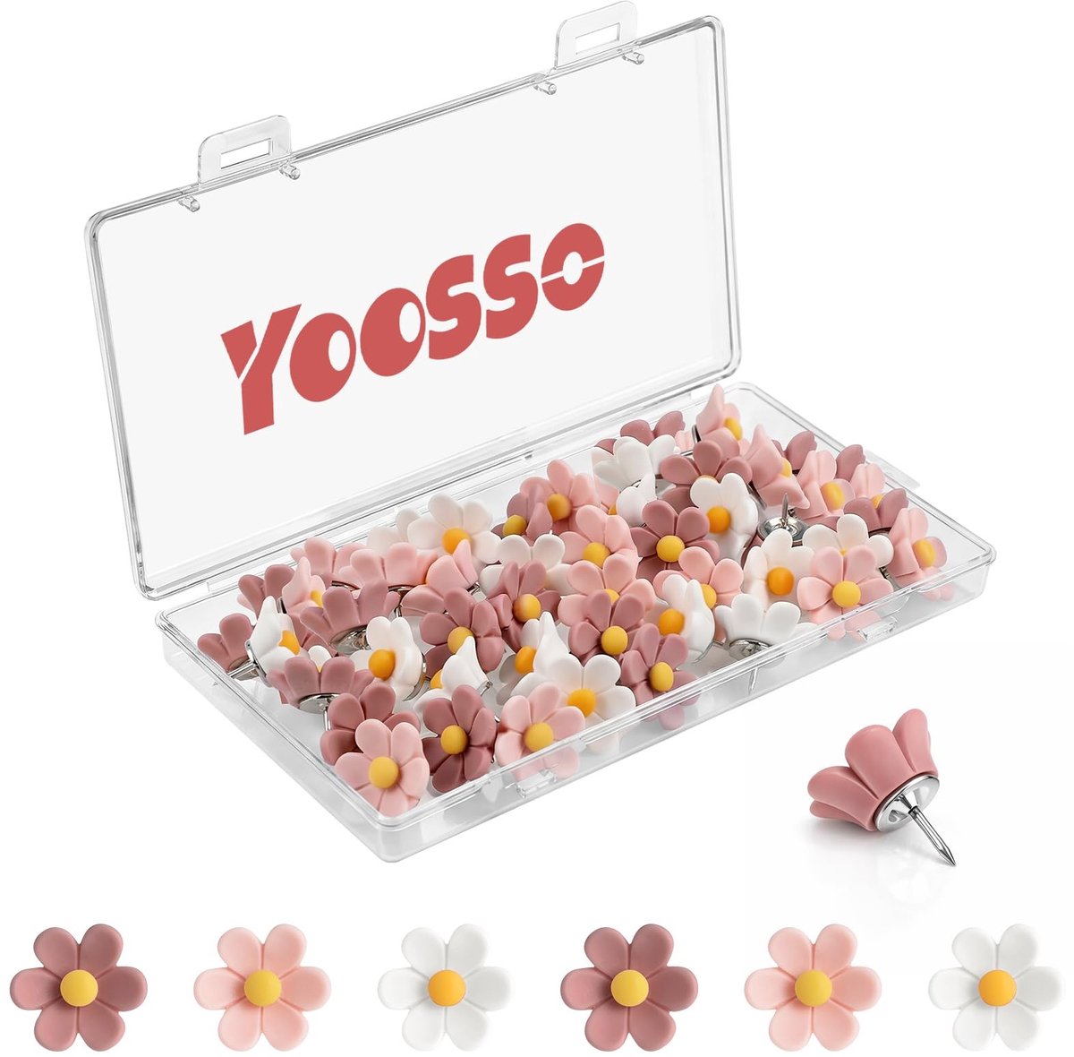 Dailygoods - 40 stuks pinnen bloemen, punaises met opbergdoos, decoratieve spelden, punaises voor foto's, kurkplaat, prikbord