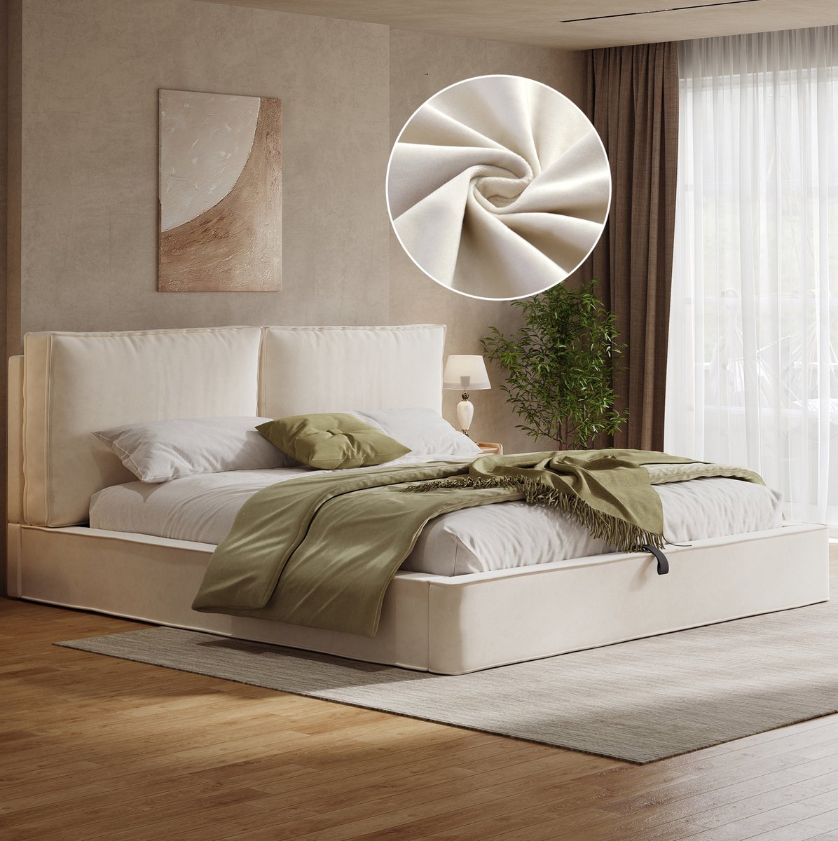 FloraGrace Gestoffeerd Bed 180x200 cm - Hydraulische Opbergruimte - Met Lattenbodem - Tweepersoons Fluwelen Bed - Beige - Zonder Matras