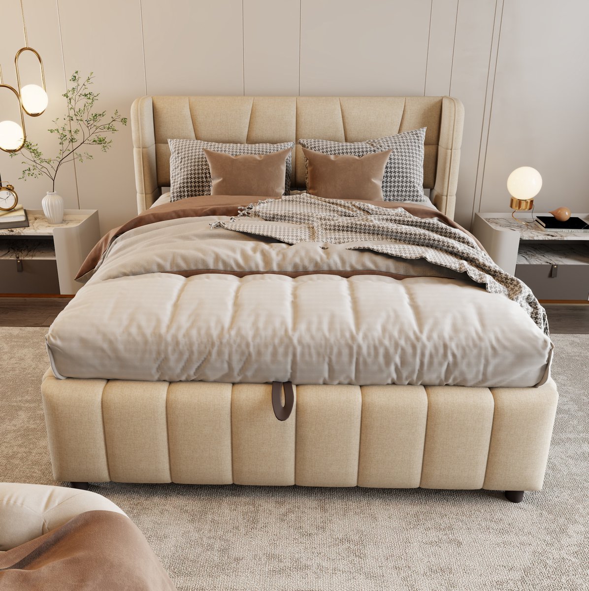 FloraGrace Gestoffeerd Bed 140x200 cm - Tweepersoonsbed Met Pneumatisch Opbergsysteem - Met Opbergruimte - Voor Volwassenen - Stof - Beige - Zonder Matras