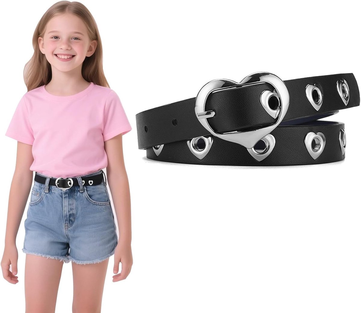 Meisjesriem voor Kinderen van 8-14 Jaar, Leren Riem met Schattige Hartgesp en Verstelbare Gaten voor Jurk, Spijkerbroek en Uniformen, Zwart