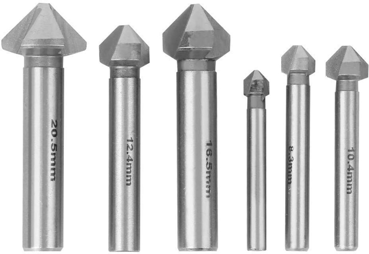 6-delige HSS Vijlset voor het Frezen van Chamfers, 90 Graden Countersink Boor met Ronde Schacht en Carbide Snijkanten voor Precisiewerk en Metalen Bewerking
