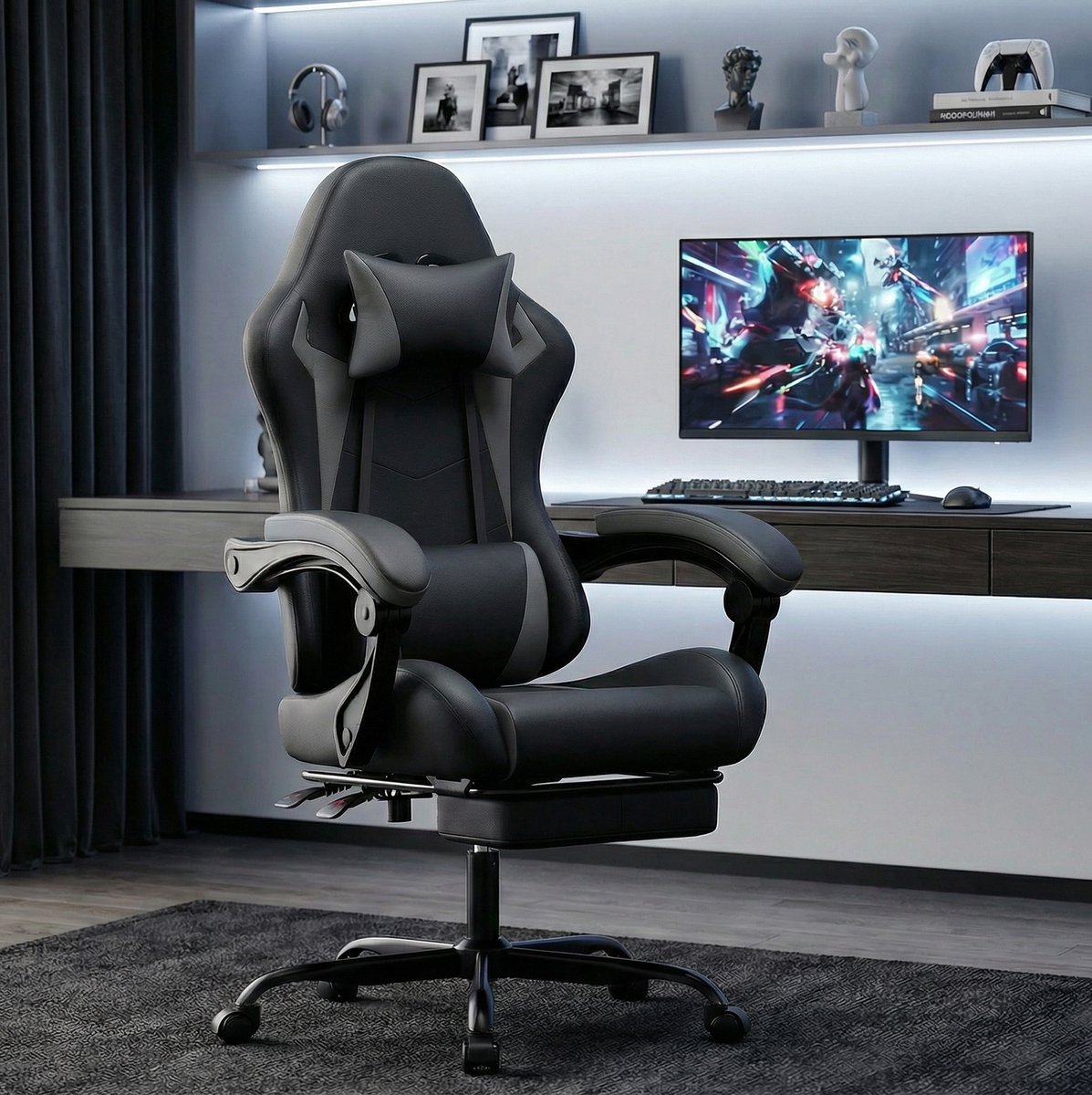 MIVRAY Gamingstoel 66 x 78 x 127 cm - Ergonomisch Met Hoofdsteun, Lendenkussen En Voetsteun - Voor Gamen En Kantoor - Kunstleer Zwart Grijs