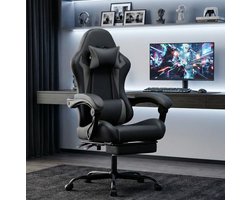MIVRAY Gamingstoel 66 x 78 x 127 cm - Ergonomisch Met Hoofdsteun, Lendenkussen En Voetsteun - Voor Gamen En Kantoor - Kunstleer Zwart Grijs