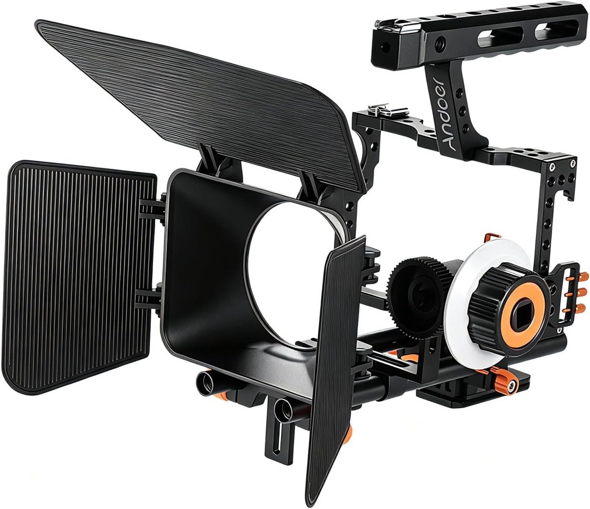 Aluminium Camera Cage Kit met 15mm Rod, Matte Box en Follow Focus voor Panasonic GH4 en Sony A7 Series, Perfect voor Videoproductie