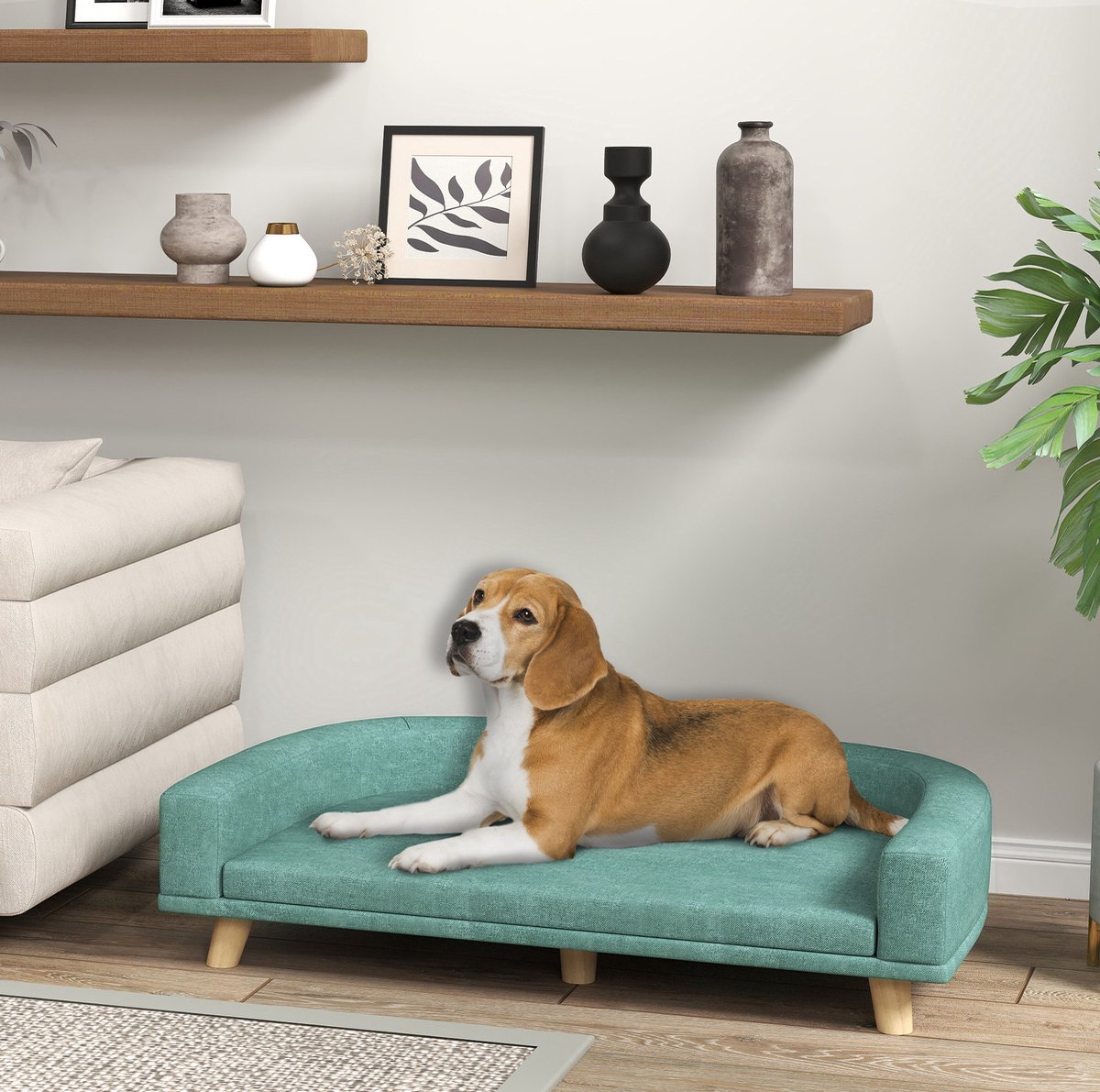 MIVRAY Dierenbank 98 x 67 x 25 cm - Verhoogde Hondenbank Met Afneembaar Kussen - Voor Grote Honden Tot 30 kg - Polyester Groen