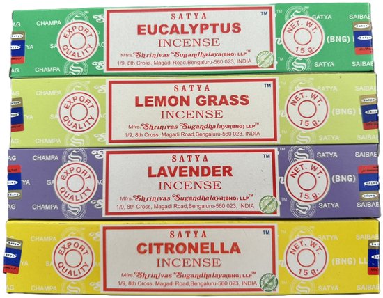 Doosjes Satya wierook: Eucalyptus, Lemon Grass, Lavender en Citronella, elk 15 gram.