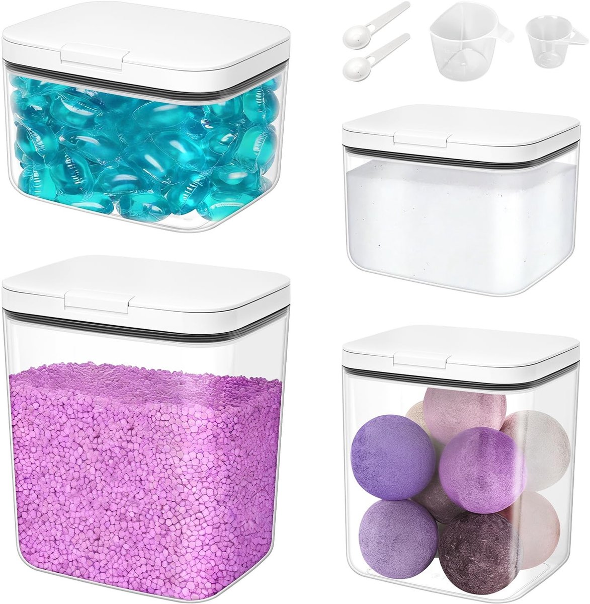 Inovra- Wasmiddelopslag 4 Stuks - Plastic Opbergdoos - Maatbekers - 5,5/2,8/2/1,2 l Capaciteit - Organisatie voor Wasmiddel - Wasparfum Opslag - Wasmiddelcontainer