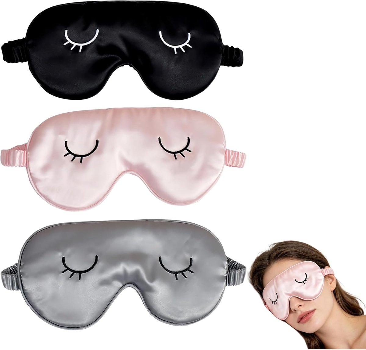 SnelShoppen - 3 stuks zijden katoen slaapmasker volwassenen lichtblokkerend oogmasker comfortabel verstelbaar nachtmasker voor reizen thuis vliegtuig