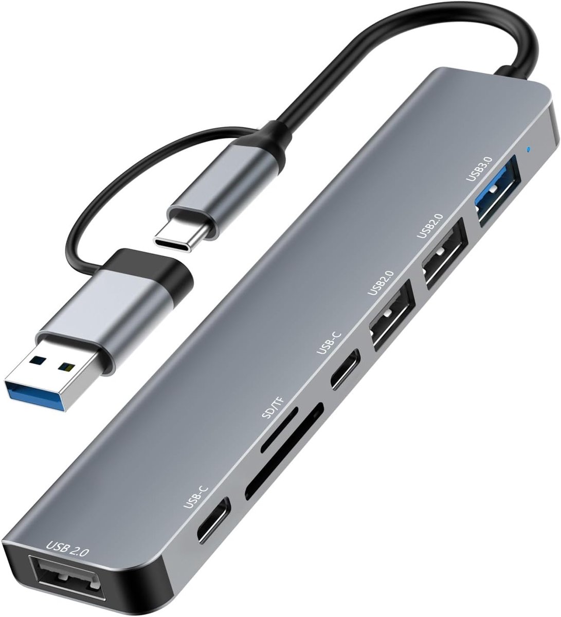 Thijox - USB C Hub 8-in-2, 4 x USB A, 1 x USB-C data-poort, SD/TF kaartlezer, USB-verdeler 3.0, compatibel met MacBook, iPad, Surface, Galaxy, ideaal