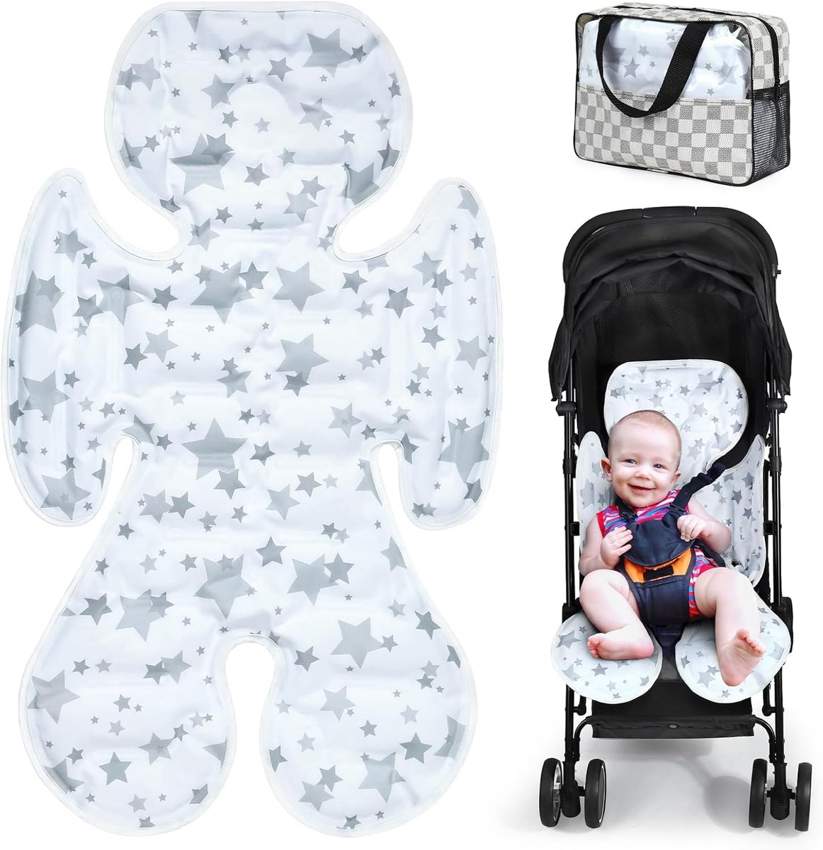 Thijox - Universeel Zitkussen voor Kinderwagen, Zomer Stoelkussen met Gel Koelmat voor Baby Autostoeltjes, Buggy's en Kinderwagens, Omkeerbaar, Ster