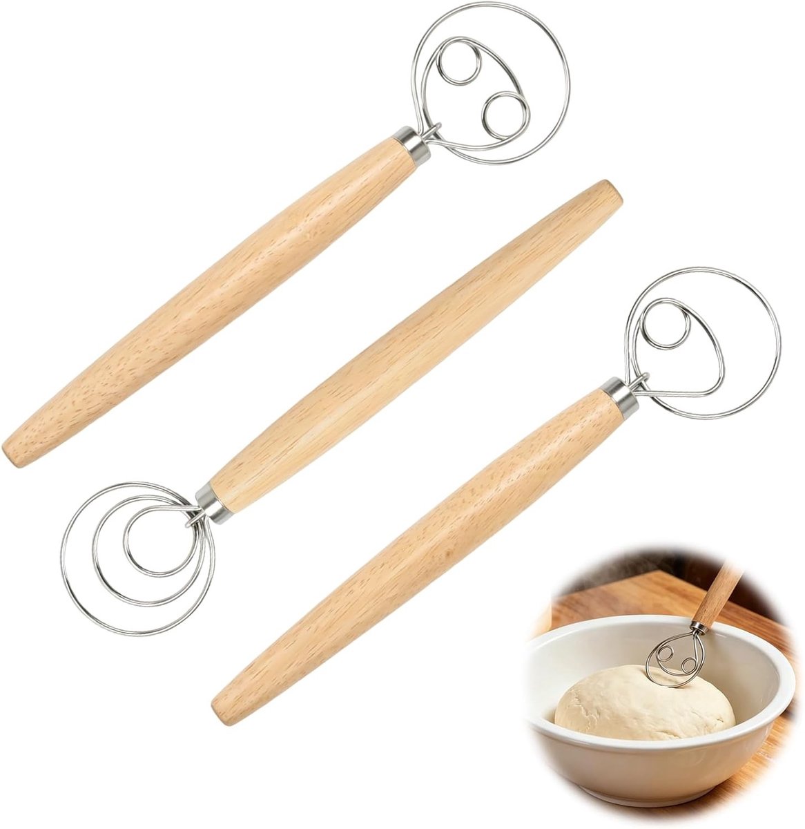 Set van 3 Deegmixers met Houten Handvat en Roestvrijstalen Ring voor Bakken, Brood, Gebak en Pizza's