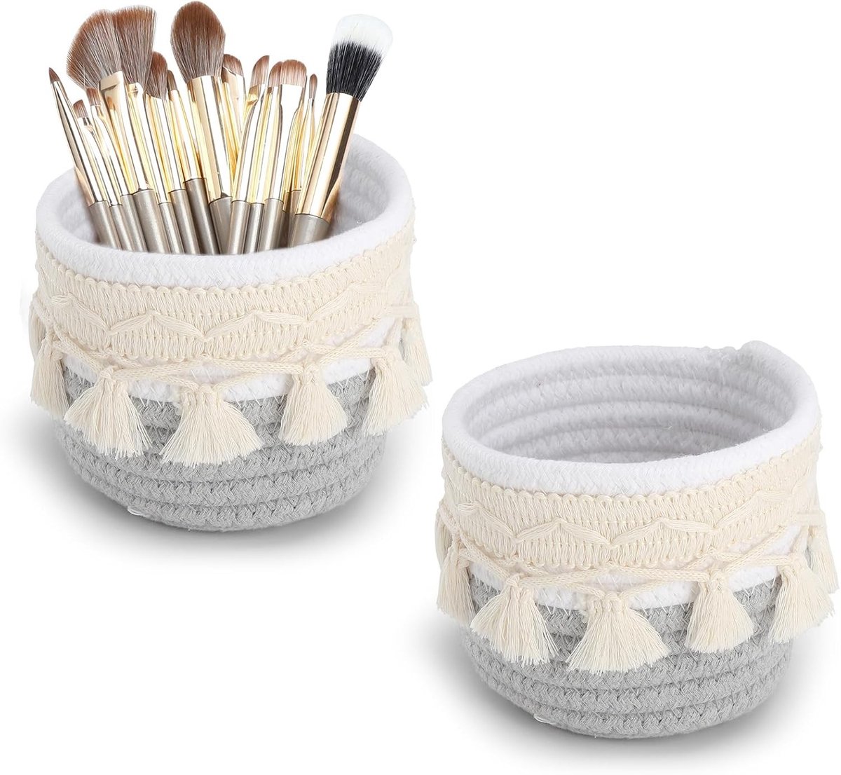 Gevlochten mandjes voor make-uptafel, 2 stuks Boho penseelhouder en organizer, ideaal voor cosmetica en kwasten in de badkamer en op tafel