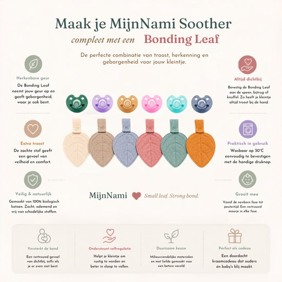 Afbeelding van de MijnNami Bonding Leaf geurdoekjes in verschillende kleuren. De geurdoekjes zijn bladvormig en gemaakt van biologisch katoen.