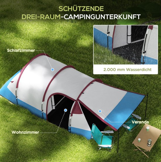 MEUNIQ tunneltent voor 3 personen 420 x 200 x 150 cm met 2 ruimtes, voorzelt, 3 ingangen, lampenhaak, 2000 mm waterkolom, polyester, rood — afbeelding 5