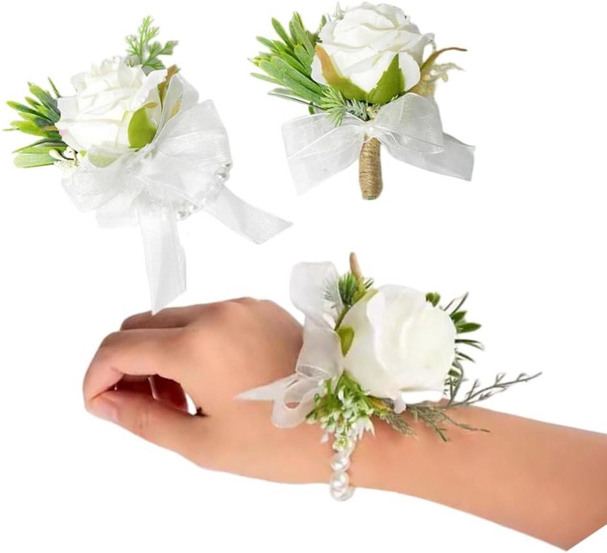 Witte Polscorsage en Boutonnière Set - Bruiloft en Feest Bloemdecoratie