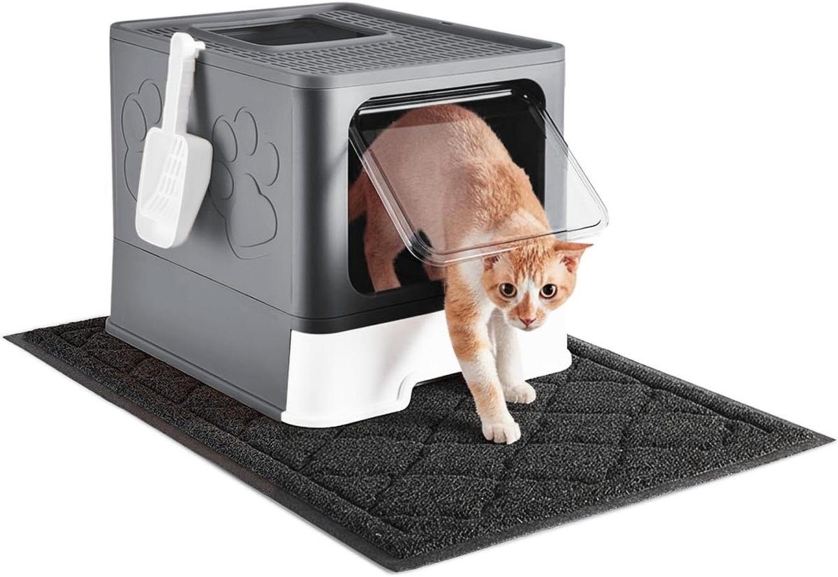 Kattenbak met Mat - Opvouwbare Kattenbak - Kattenbak Reinigen - Uittrekbare Lade - 51 x 41 x 41 cm - Donkergrijs