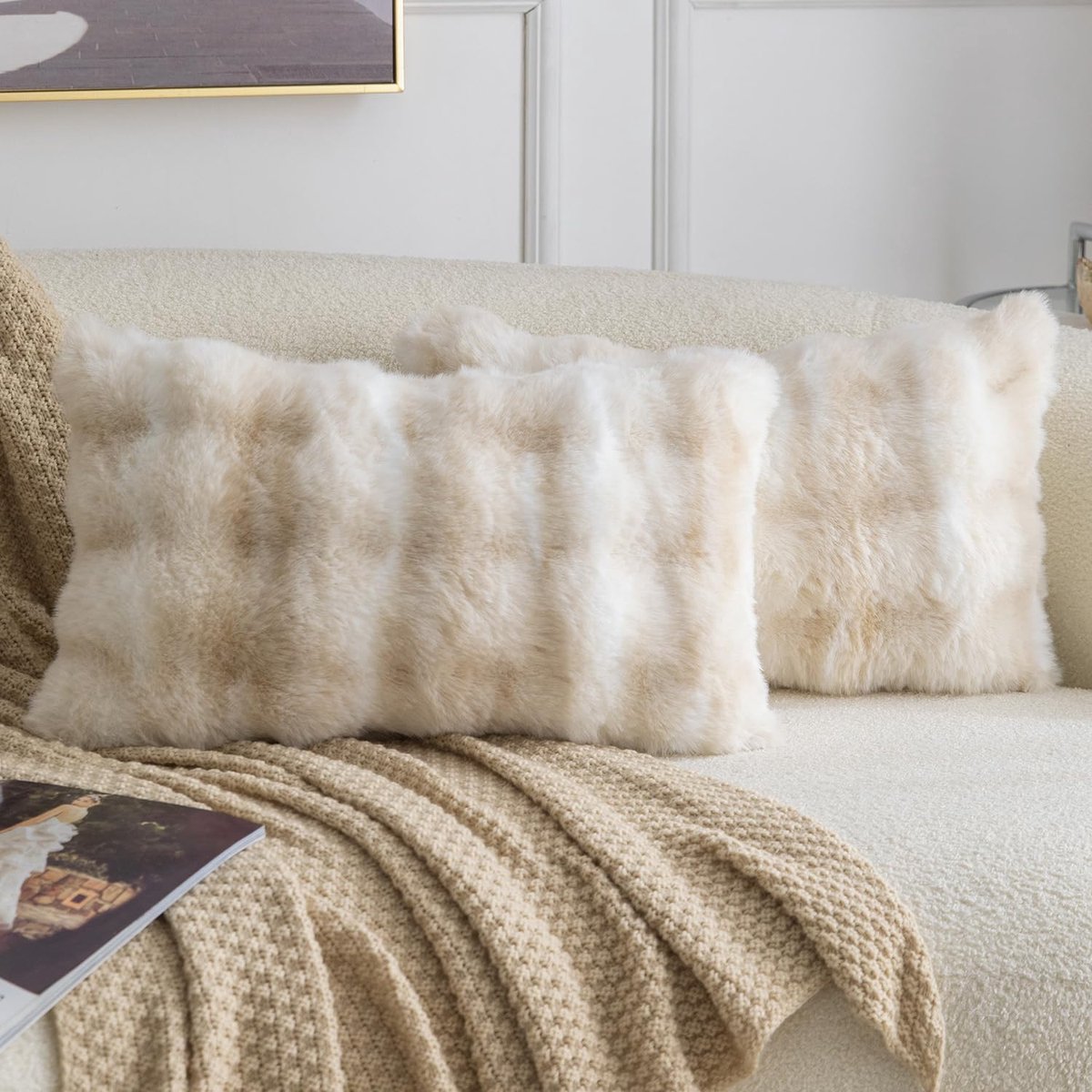 Set van 2 Dikke Pluche Faux Wol decoratieve Zachte kussenslopen decoratieve kussenhoes voor bank slaapkamer kussensloop 30x50 cm Wit Beige