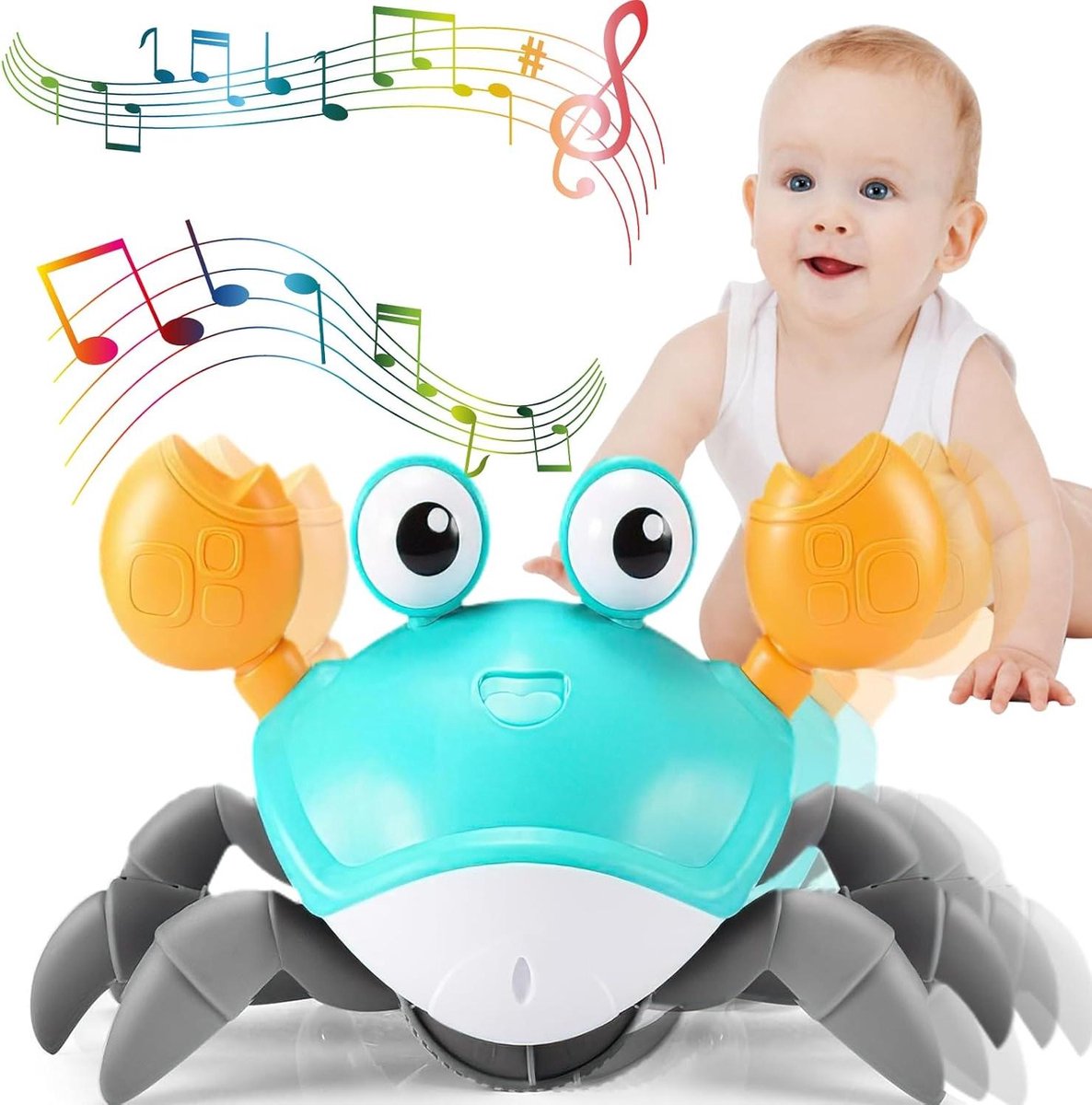 Babyspeelgoed Krab - Kruipspeelgoed Muziek - Ontwikkeling stimuleren - Automatische richtingwissel - 23 cm - Wit
