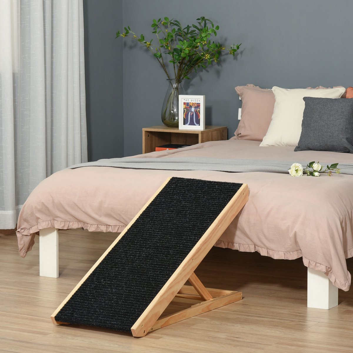 MEUNIQ Verstelbare hondenramp 90 x 40 x 61 cm, opvouwbare loopplank voor dieren met antislip oppervlak, 4 hoogtestanden, hout en polyester, zwart