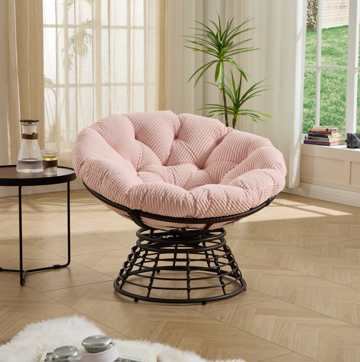 MIVRAY Fauteuil 92 Cm - 360 Graden Draaibare Papasanstoel Met Dik Kussen - Voor Woonkamer, Slaapkamer En Leeshoek - Rotan En Staal - Roze
